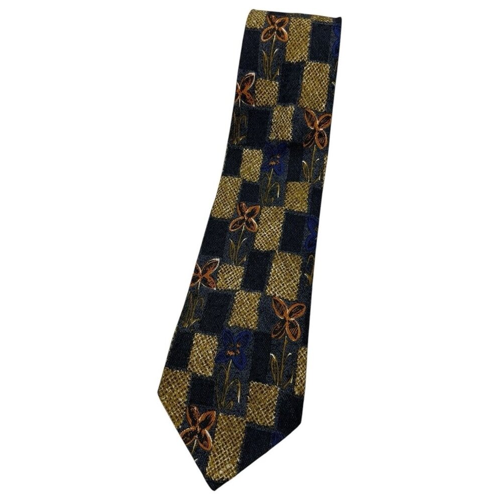 ERMENEGILDO ZEGNA Men's Silk Tie LUXURY Black Gold Geometric Floral W:3.8" EUC
